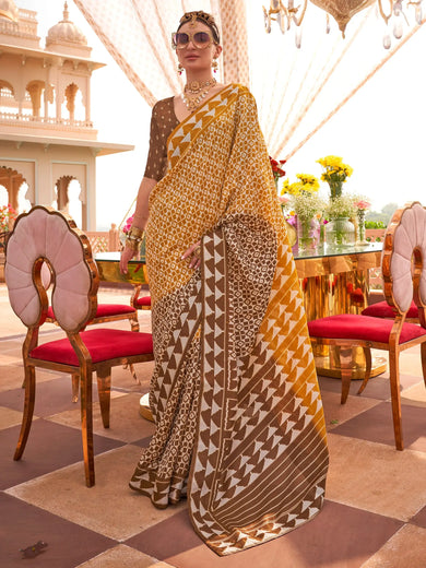 Captivating Mustard Yellow Digital Printed Silk Casual Wear Saree